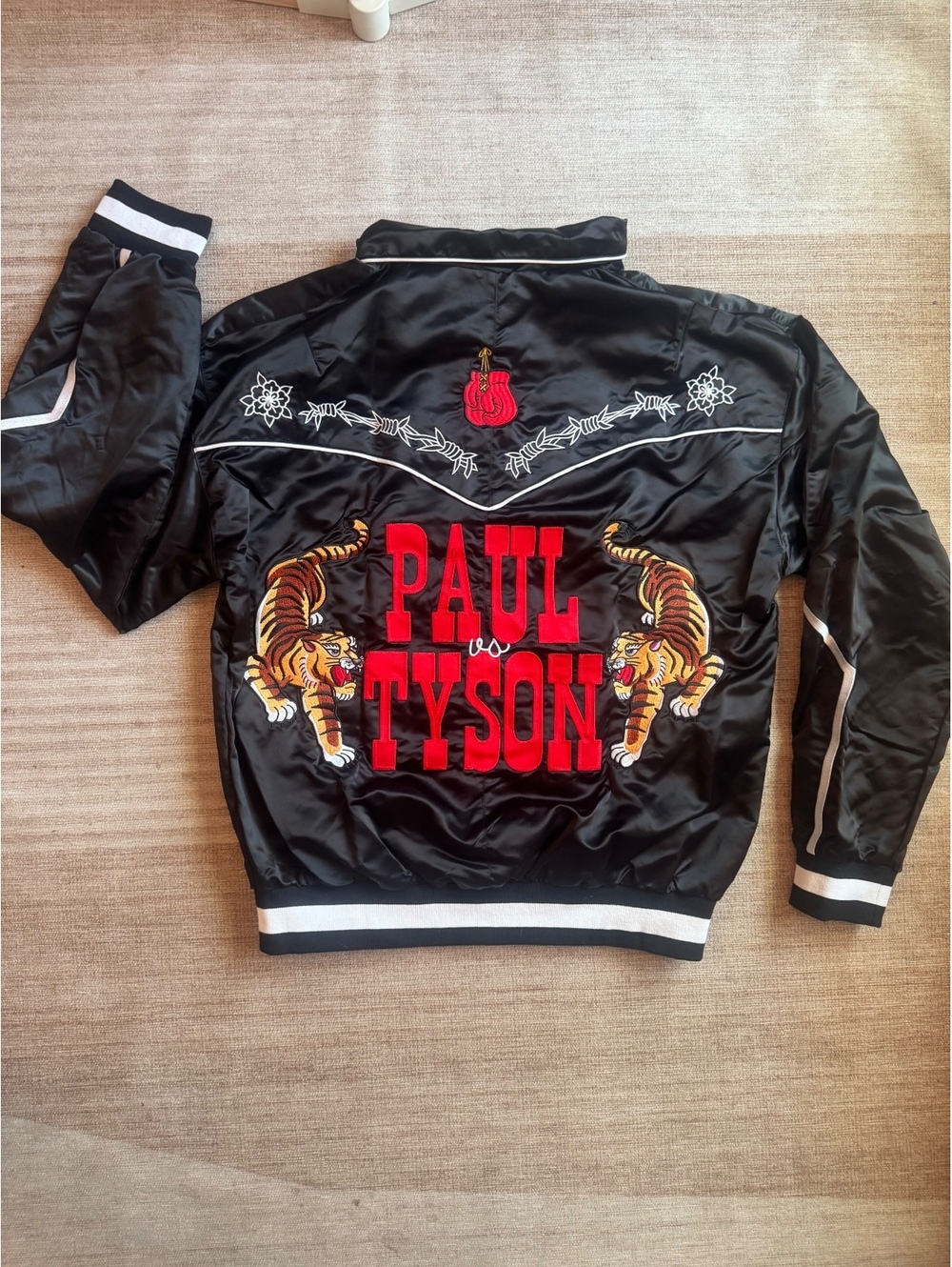 Paul vs Tyson Fight Black Satin Embroidered Bomber Jacket
